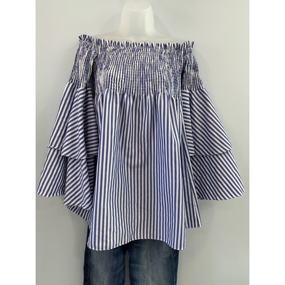 Skylar & Madison Off Shoulder Smocked Top Medium Blue White Stripe Coastal Chic